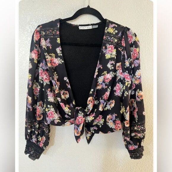Alice + Olivia Marlee Floral Tie Front Blouson Sleeve Crop Blouse Top Large New - Picture 4 of 4